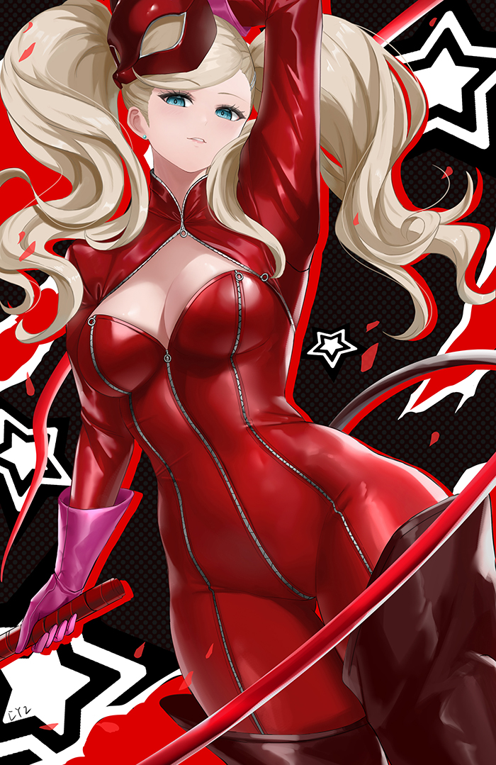 1girl, arm_up, blonde_hair, blue_eyes, bodysuit, breasts, cleavage, cleavage_cutout, clothing_cutout, commentary, cowboy_shot, cyicheng, gloves, holding, looking_at_viewer, mask, mask_on_head, medium_breasts, panther_(persona_5), parted_lips, persona, persona_5, pink_gloves, signature, solo, standing, takamaki_anne, thighs, twintails, zipper_bodysuit
