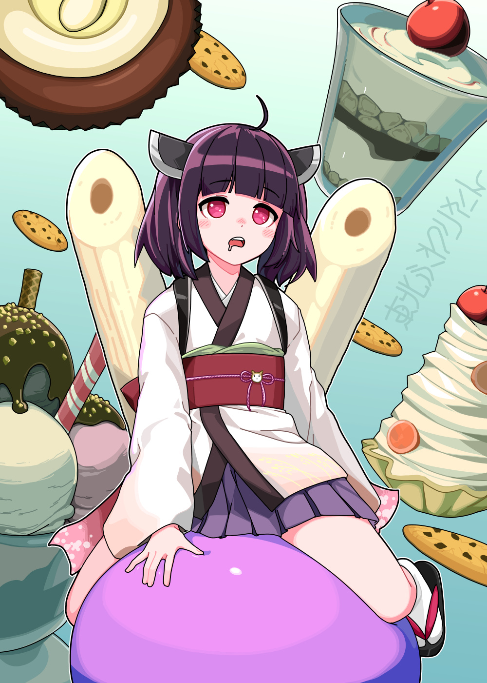1girl, ahoge, blue_background, blunt_bangs, blush, character_name, chocolate_chip_cookie, cookie, drooling, floating_food, food, full_body, gradient_background, headgear, highres, ice_cream, japanese_clothes, kimono, kiritanpo_(food), long_sleeves, namae_(koubutunado), obi, obiage, obijime, open_mouth, oversized_food, oversized_object, parfait, pink_eyes, pleated_skirt, purple_skirt, riding, sandals, sash, short_kimono, skirt, socks, soft_serve, solo, sundae, tabi, touhoku_kiritan, translation_request, voiceroid, white_kimono, white_socks, zouri