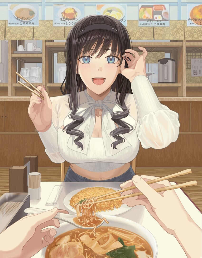 1girl, adjusting_hair, amagami, black_hair, black_hairband, blue_eyes, bowl, breasts