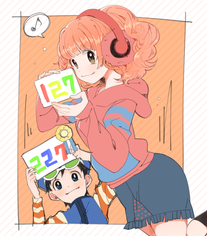 1boy, 1girl, bemani, black_hair, blue_eyes, earmuffs, grey_skirt, holding, holding_sign, hood, hoodie, looking_at_viewer, musical_note, orange_hair, pink_hoodie, pop'n_music, rie-chan, sgwyi, shirt, short_hair, sign, skirt, smile, speech_bubble, spoken_musical_note, striped_background, striped_clothes, striped_shirt, sugi-kun