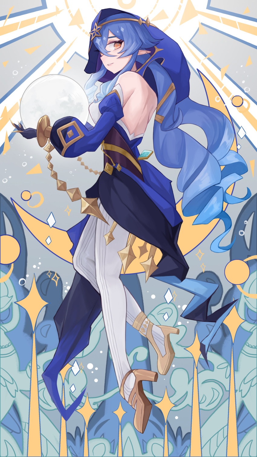 1girl, absurdres, backless_dress, backless_outfit, bare_back, bare_shoulders, blue_dress, blue_hair, commentary_request, detached_sleeves, dress, drill_hair, full_body, genshin_impact, grin, high_heels, highres, holding, hood, juliet_sleeves, layla_(genshin_impact), long_hair, long_sleeves, looking_at_viewer, nekocat, pantyhose, pointy_ears, puffy_sleeves, shoes, smile, solo, very_long_hair, white_pantyhose, yellow_eyes, yellow_shoes