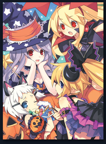 4girls, animal_ears, armlet, atelier_(series), blonde_hair, blue_eyes, blue_hat, candy, cat_ears, cat_girl, costume, disgaea, dress, earrings, female_focus, flonne, flonne_(fallen_angel), food, frills, ghost, hair_ribbon, halloween, hat, head_rest, heart, heart_earrings, high_ponytail, jack-o'-lantern, jewelry, long_hair, makai_senki_disgaea, miyu_(trinity_universe), mizuki_(trinity_universe), mole, multiple_girls, official_art, pamela_ibis, pointy_ears, ponytail, print_headwear, pumpkin, red_eyes, ribbon, short_hair, star_(symbol), star_print, tears, trinity_universe, tsunako, white_hair, witch_hat, wrapped_candy