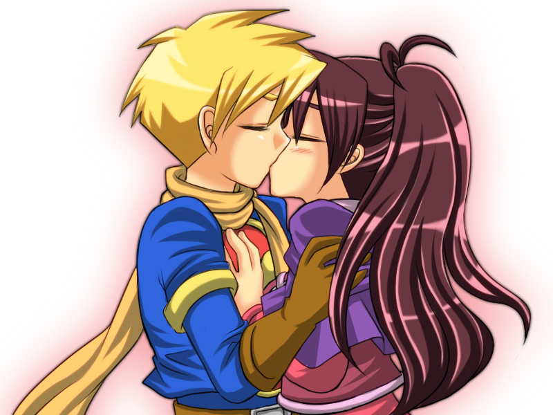 1boy, 1girl, bad_id, bad_pixiv_id, blonde_hair, brown_hair, couple, closed_eyes, golden_sun, gomabee, hetero, husband_and_wife, jenna_(golden_sun), kiss, isaac_(golden_sun), scarf