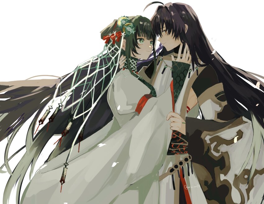 1girl, 1other, ahoge, androgynous, black_hair, body_markings, braid, braided_hair_rings