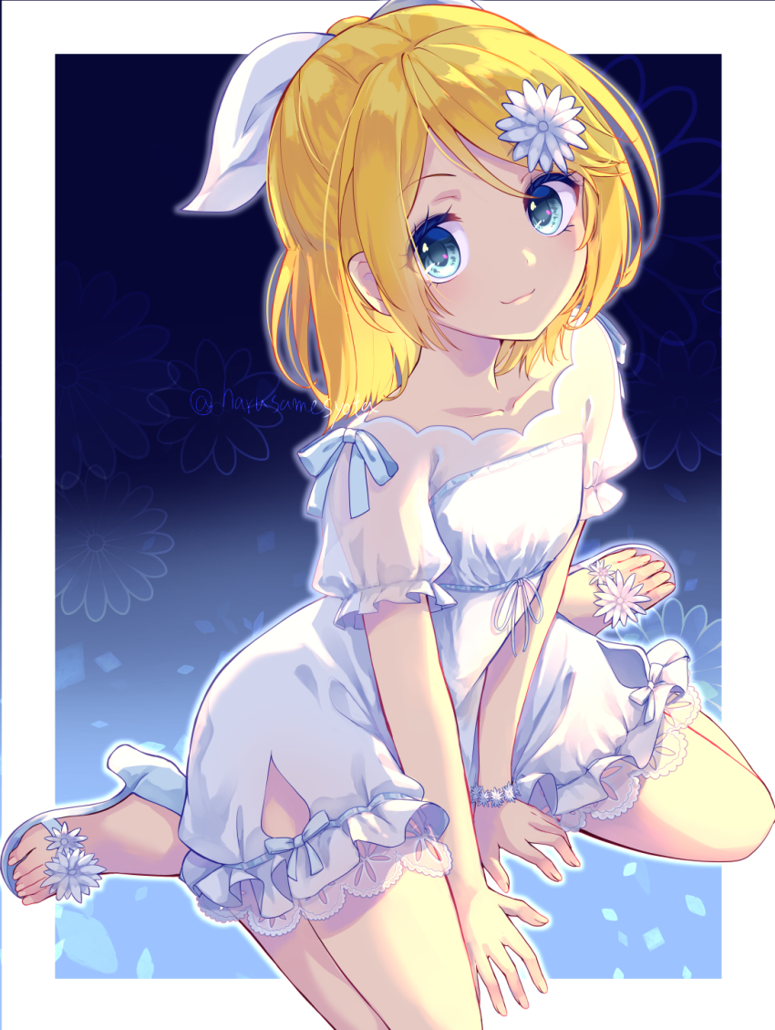 1girl, arms_between_legs, blonde_hair, blue_eyes, bow, bracelet, dress, flower