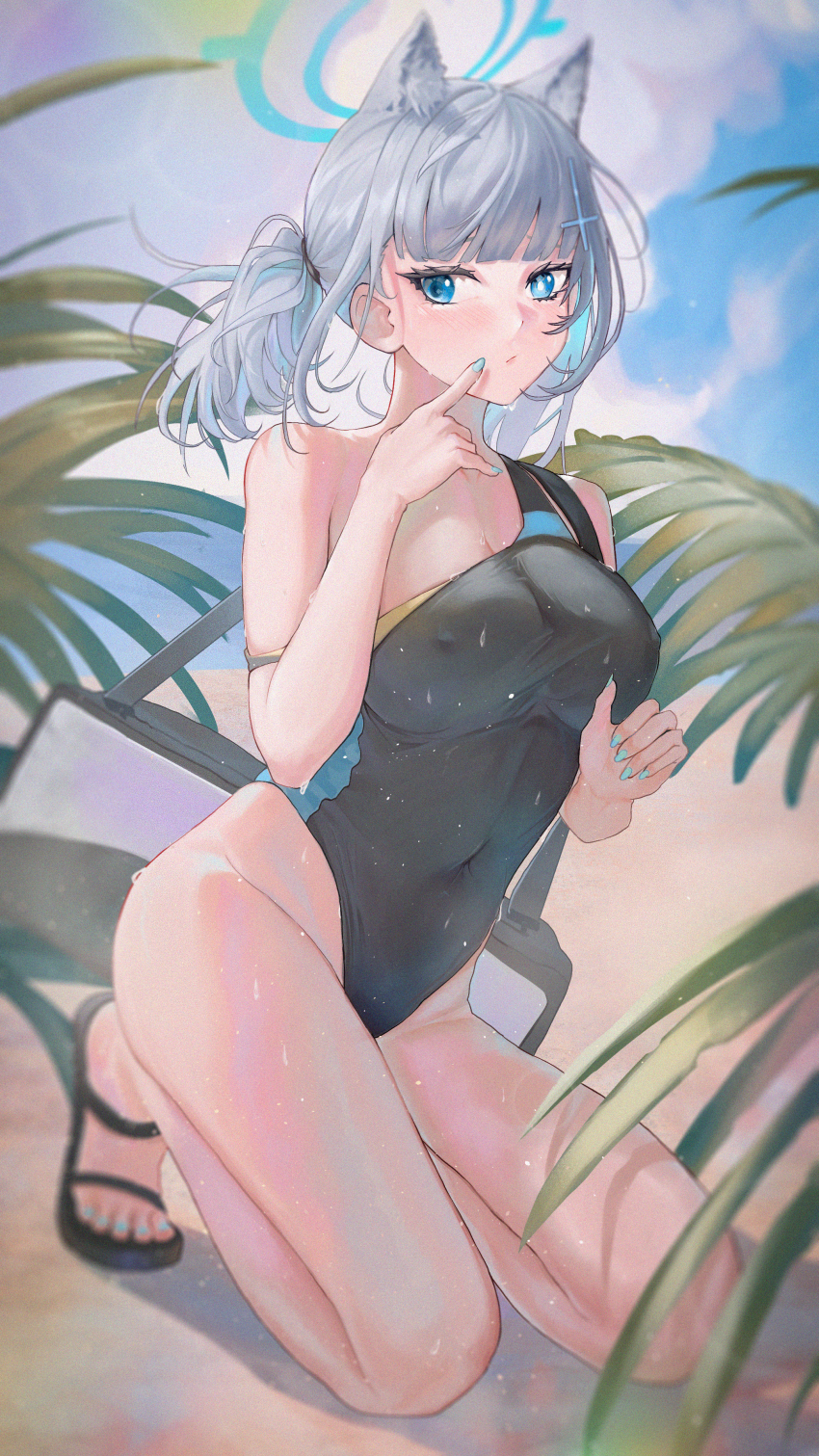 1girl, absurdres, animal_ear_fluff, animal_ears, bag, black_one-piece_swimsuit, blue_archive, blue_eyes