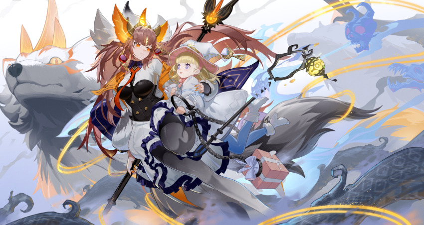 1girl, 2girls, animal_ears, blonde_hair, blue_eyes, blue_pantyhose, boots, diabellze_the_original_sinkeeper