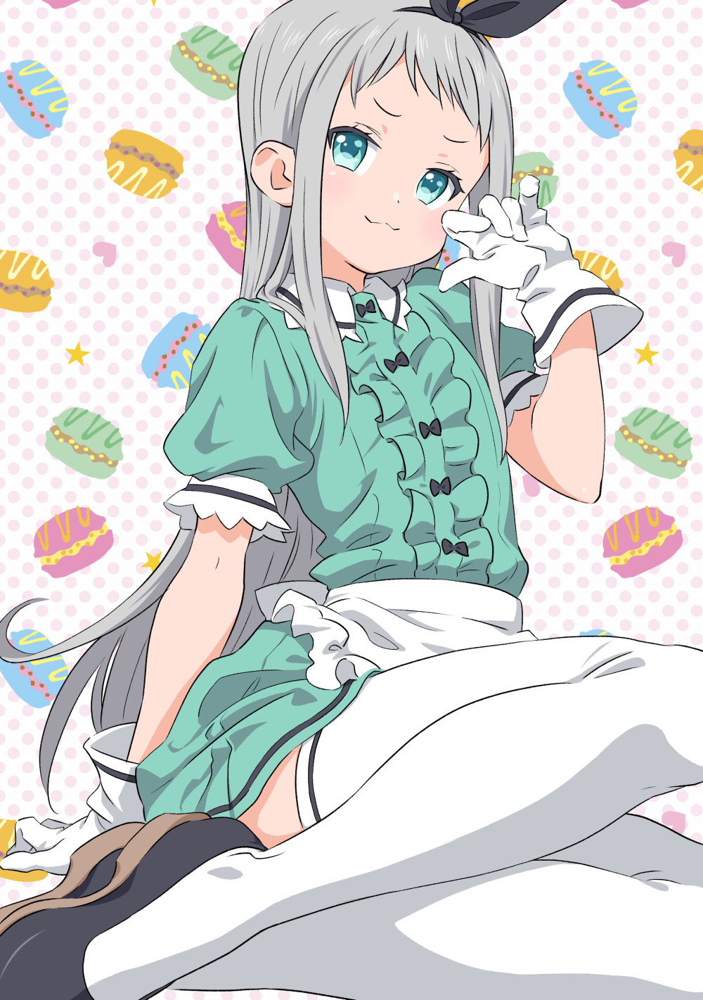 1boy, :3, apron, arm_support, black_footwear, black_hairband, black_ribbon, blend_s, blue_eyes, collared_dress, commentary_request, dokushibuki, dress, frilled_apron, frills, full_body, gloves, green_dress, grey_hair, hair_ribbon, hairband, hand_up, highres, kanzaki_hideri, light_blush, long_hair, looking_at_viewer, macaron_background, male_focus, pink_background, polka_dot, polka_dot_background, puffy_sleeves, ribbon, short_sleeves, sidelocks, sitting, solo, thighhighs, trap, very_long_hair, white_apron, white_background, white_gloves, white_thighhighs