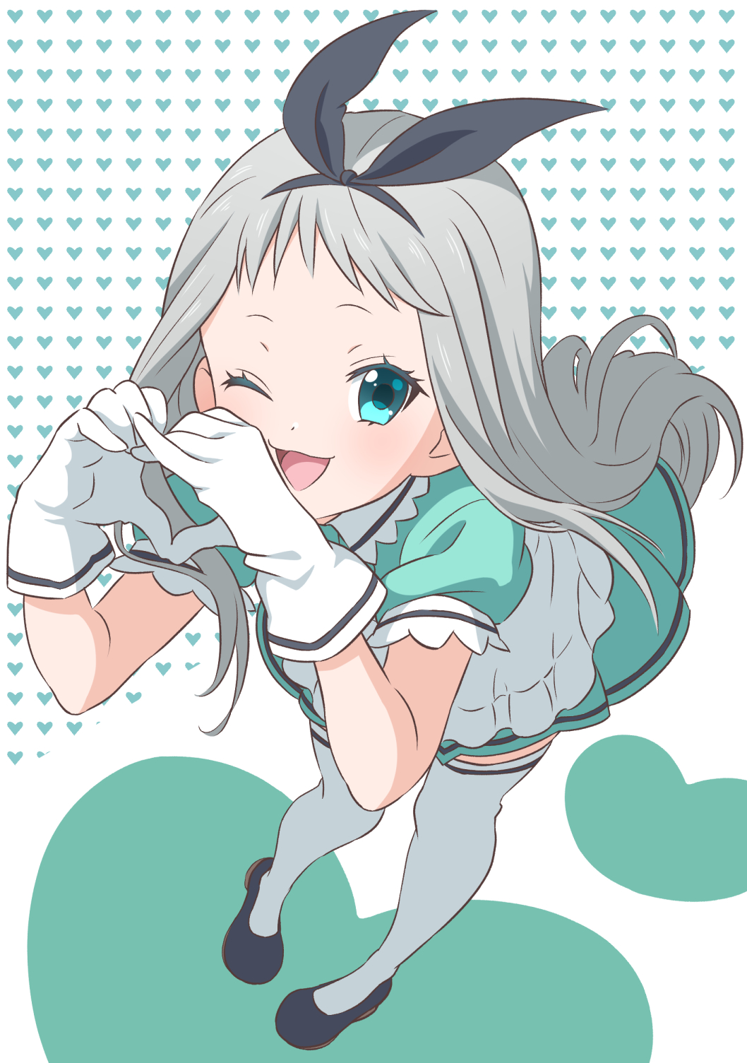 1boy, :3, :d, apron, black_footwear, black_hairband, black_ribbon, blend_s