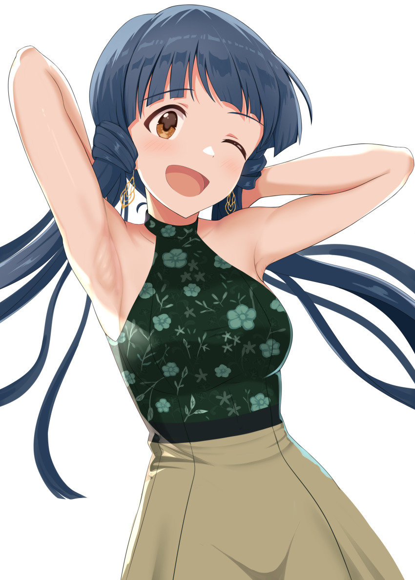 1girl, ;d, absurdres, arm_up, armpits, arms_behind_head, baji_toufuu_(bajitohfu), bare_arms