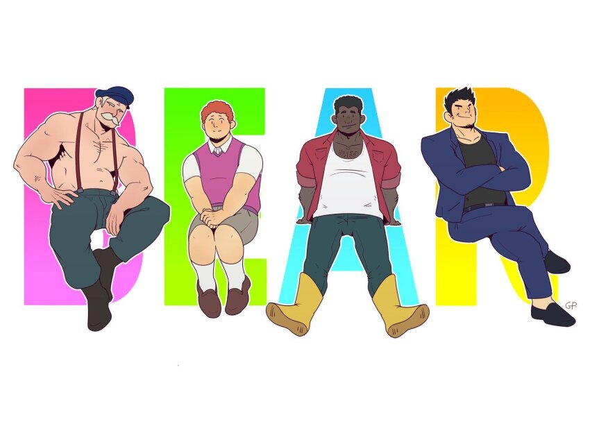 4boys, bara, belly, black_hair, blush, crossed_arms, crossed_legs, dark-skinned_male