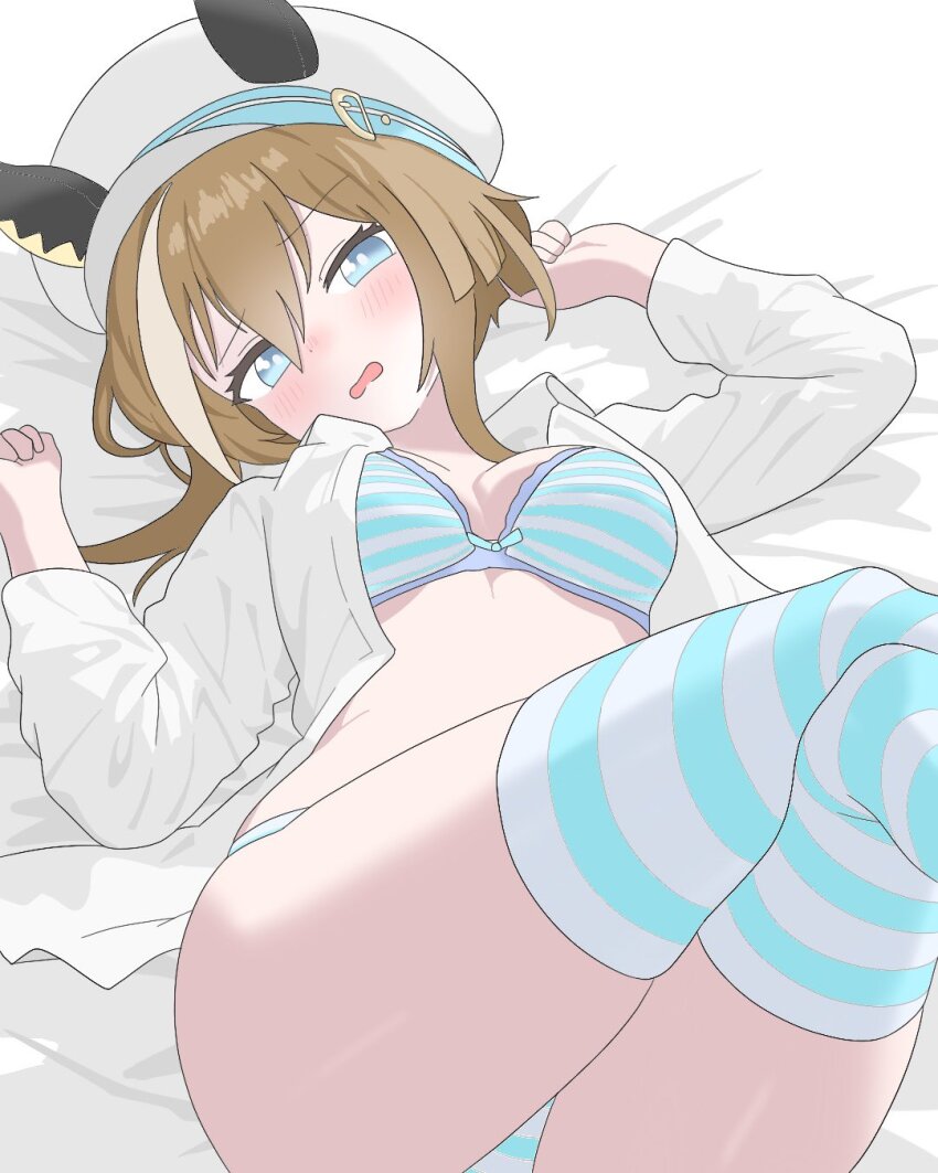 1girl, alternate_costume, animal_ears, arms_at_sides, bed, bikini, blue_eyes, blush