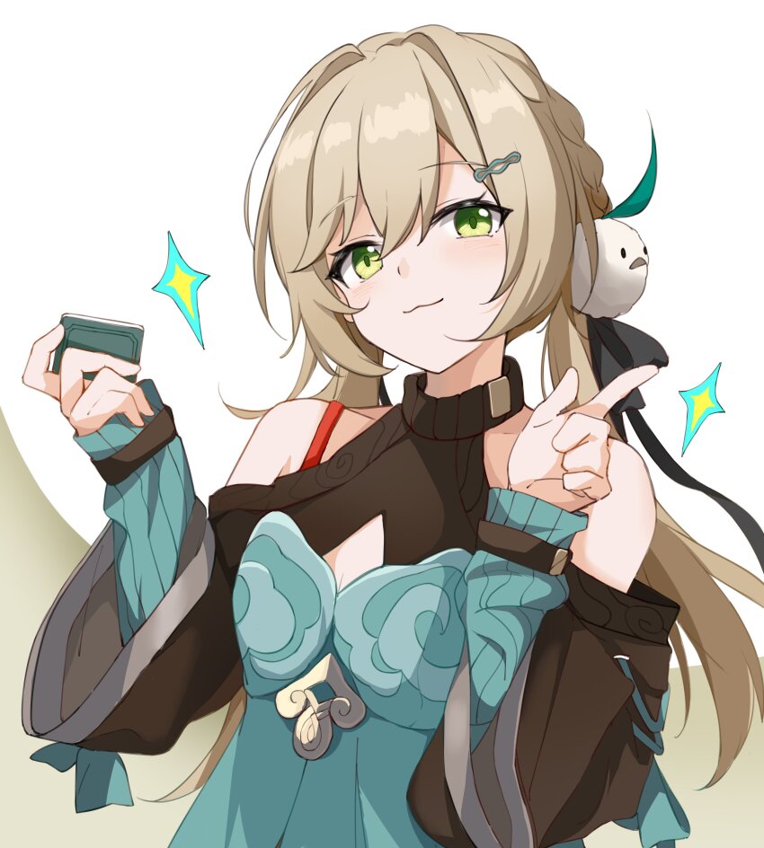 1girl, :3, absurdres, aqua_dress, bare_shoulders, black_ribbon, black_shirt, blush, cleavage_cutout, clothing_cutout, dress, green_eyes, grey_hair, hair_intakes, hair_ornament, hair_ribbon, hands_up, highres, honkai:_star_rail, honkai_(series), index_finger_raised, liliya_qiaokuoai, long_sleeves, looking_at_viewer, low_twintails, pom_pom_(clothes), pom_pom_hair_ornament, qingque_(honkai:_star_rail), ribbon, shirt, shoulder_cutout, simple_background, smile, solo, twintails, upper_body, white_background