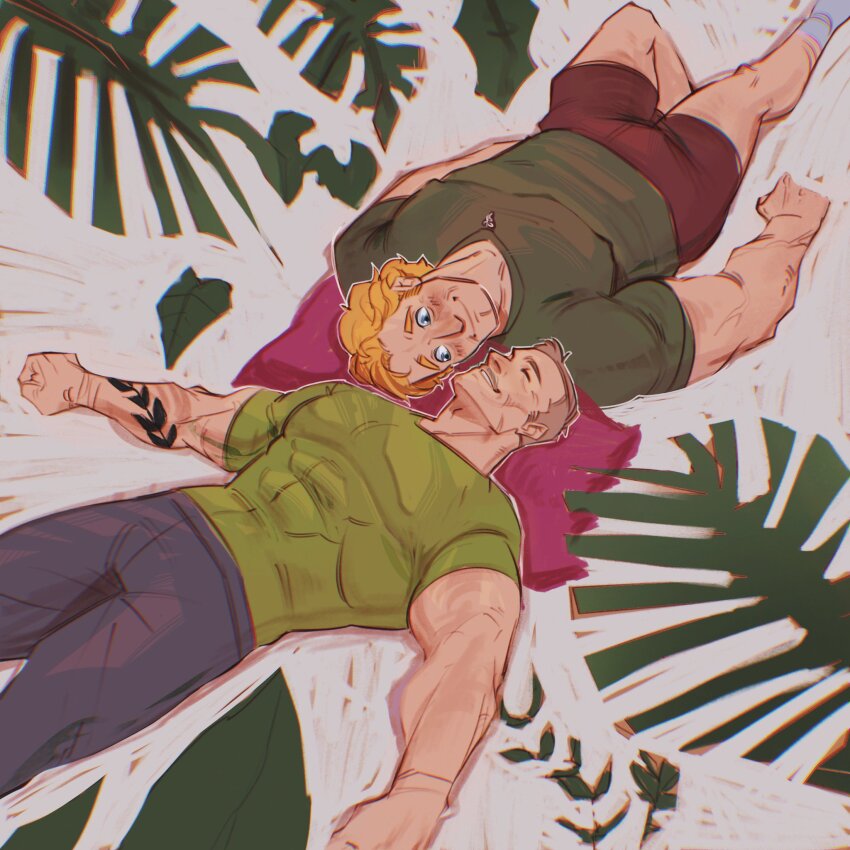 2boys, bara, blonde_hair, blush, brown_hair, couple, feet_out_of_frame, highres, large_pectorals, leaf_tattoo, looking_at_another, lying, male_focus, mature_male, multiple_boys, muscular, muscular_male, on_back, original, pectorals, raph_(skitsoepic), ray_(skitsoepic), receding_hairline, rotational_symmetry, shirt, shorts, skitsoepic, smile, tareme, tattoo, thick_eyebrows, tight_clothes, tight_shirt, yaoi