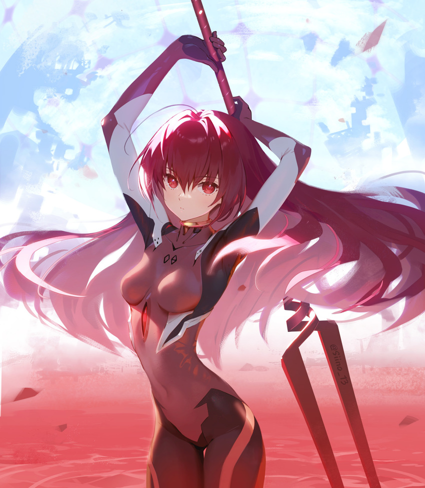 1girl, bident, bodysuit, breasts, cloud, cloudy_sky, commentary, cosplay