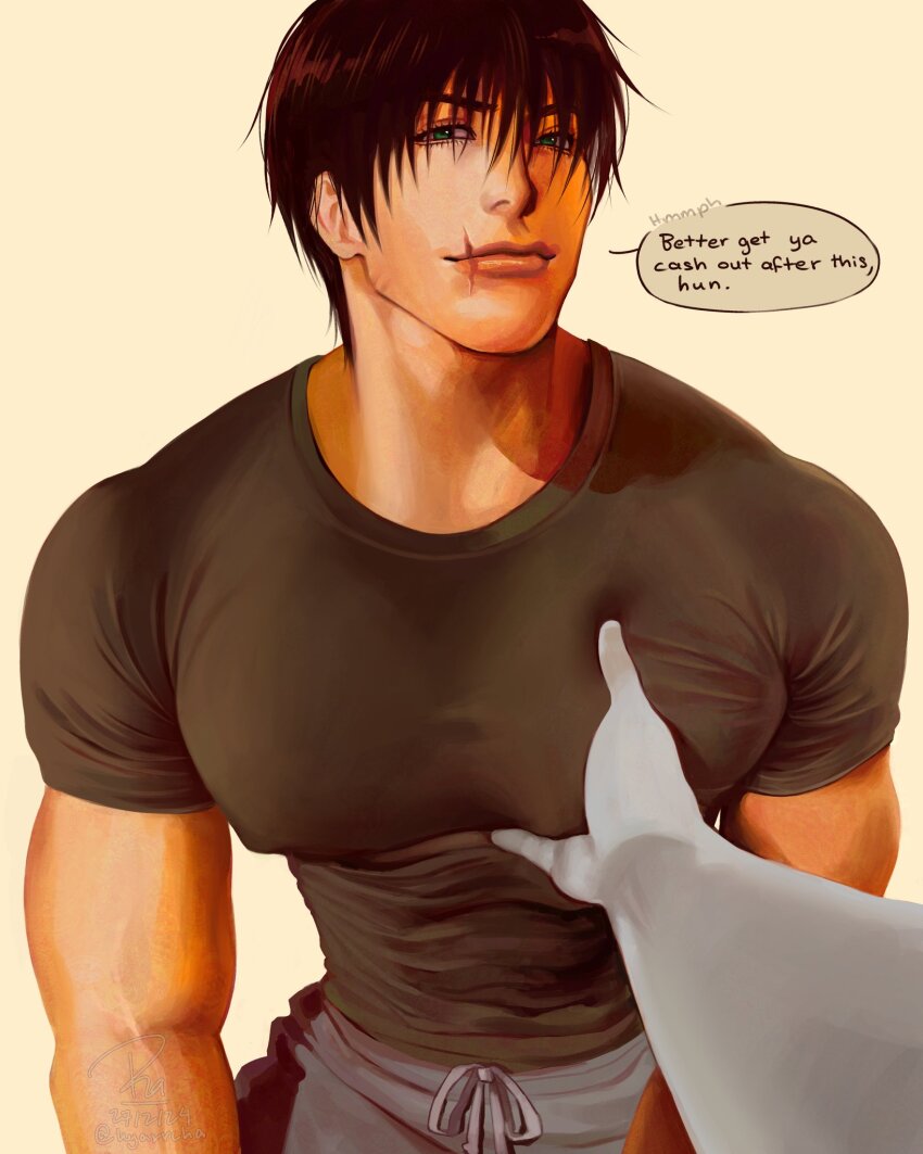 1boy, 1other, 2boys, bara, black_hair, black_shirt, closed_mouth, covered_erect_nipples, english_text, fushiguro_toji, grey_pants, highres, jujutsu_kaisen, kyarrcha_(matchapichai), large_pectorals, looking_at_viewer, male_focus, multiple_boys, muscular, muscular_male, pants, pectoral_grab, pectorals, scar, scar_on_face, scar_on_mouth, shirt, short_hair