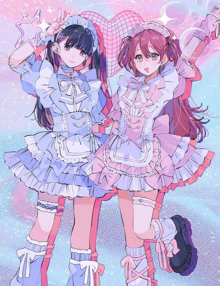 2girls, arm_up, arm_warmers, barbell_piercing, black_eyes, black_footwear, black_hair, blue_bow