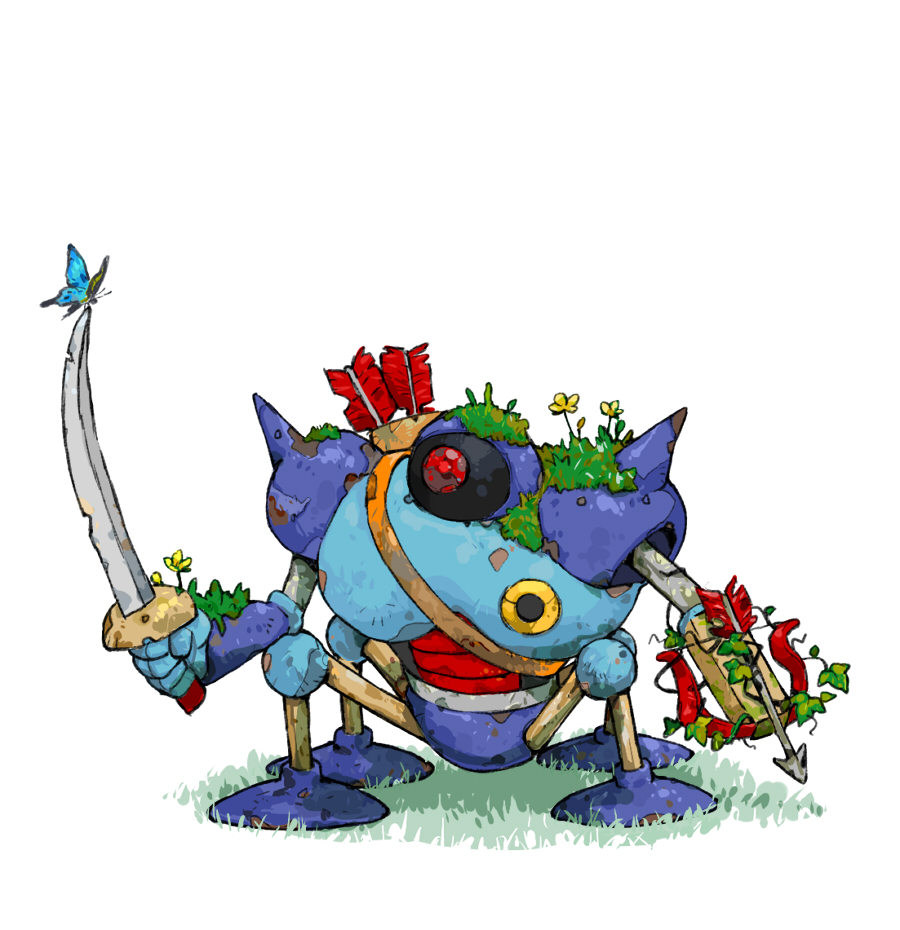 arrow_(projectile), bow_(weapon), bug, butterfly, commentary_request, dragon_quest, flower, full_body