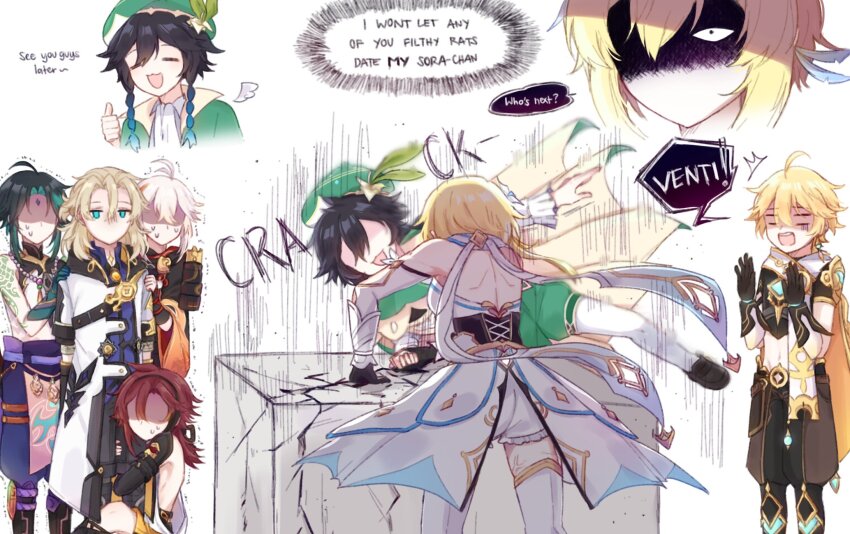 1girl, 6+boys, aether_(genshin_impact), ahoge, albedo_(genshin_impact), angel_wings, antenna_hair, aqua_eyes