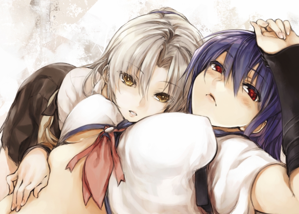 10s, 2girls, angel_beats!, blue_hair, breasts, hand_on_another's_stomach, ichinomi, long_hair, midriff, multiple_girls, navel, red_eyes, school_uniform, shiina_(angel_beats!), skirt, tenshi_(angel_beats!), white_hair, yellow_eyes