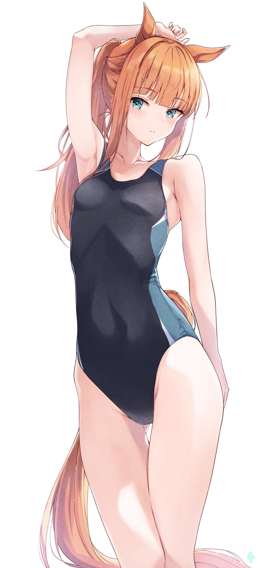 1girl, absurdres, animal_ears, aqua_eyes, arm_up, armpits, black_one-piece_swimsuit, blunt_bangs