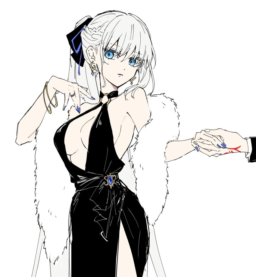 1girl, black_bow, black_dress, blue_eyes, bow, braid, breasts, cleavage