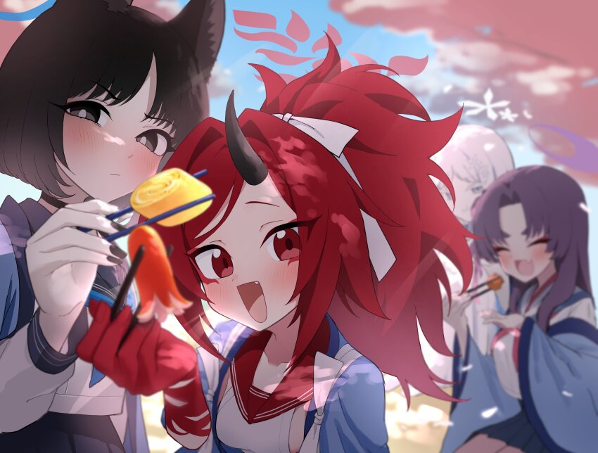 4girls, absurdres, animal_ears, black_eyes, black_hair, black_horns, black_nails, black_sailor_collar