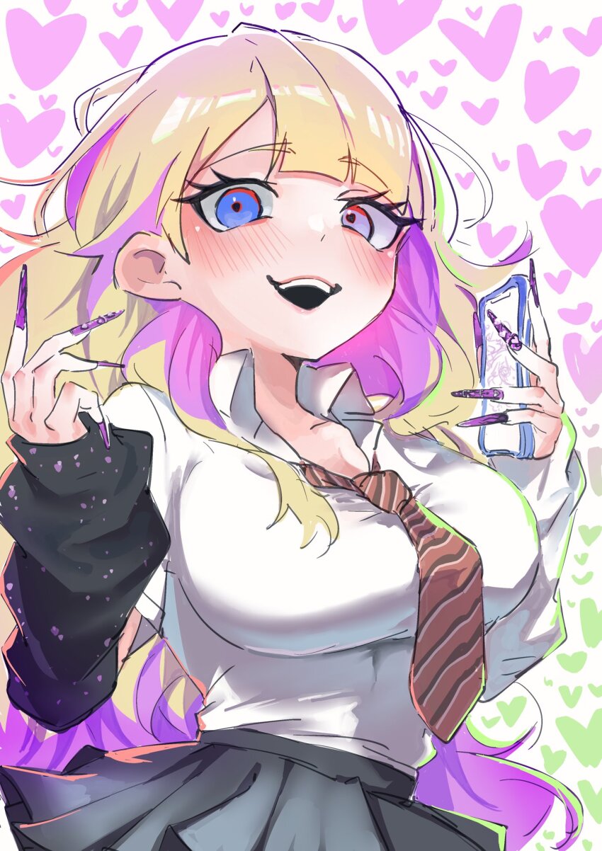 1girl, alternate_costume, black_skirt, black_sleeves, blonde_hair, blue_eyes, blush, breasts