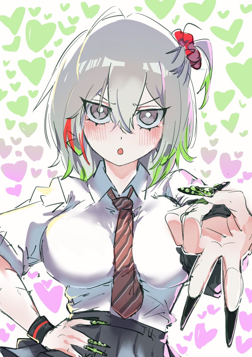 1girl, alternate_costume, black_nails, black_skirt, blush, breasts, collared_shirt, commentary_request, diabellstar_the_black_witch, duel_monster, fingernails, green_hair, grey_eyes, grey_hair, gyaru, hair_between_eyes, hand_on_own_hip, heart, heart_background, high-waist_skirt, highres, large_breasts, long_fingernails, medium_hair, miniskirt, multicolored_hair, necktie, one_side_up, pleated_skirt, red_hair, red_necktie, sagara_iyori, shirt, sketch, skirt, solo, streaked_hair, upper_body, very_long_fingernails, white_shirt, yu-gi-oh!