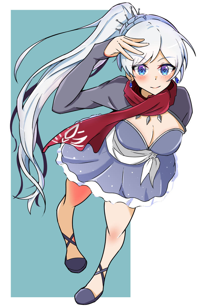 1girl, absurdres, arm_up, bad_anatomy, bad_leg, bakuma, blue_dress, blue_eyes