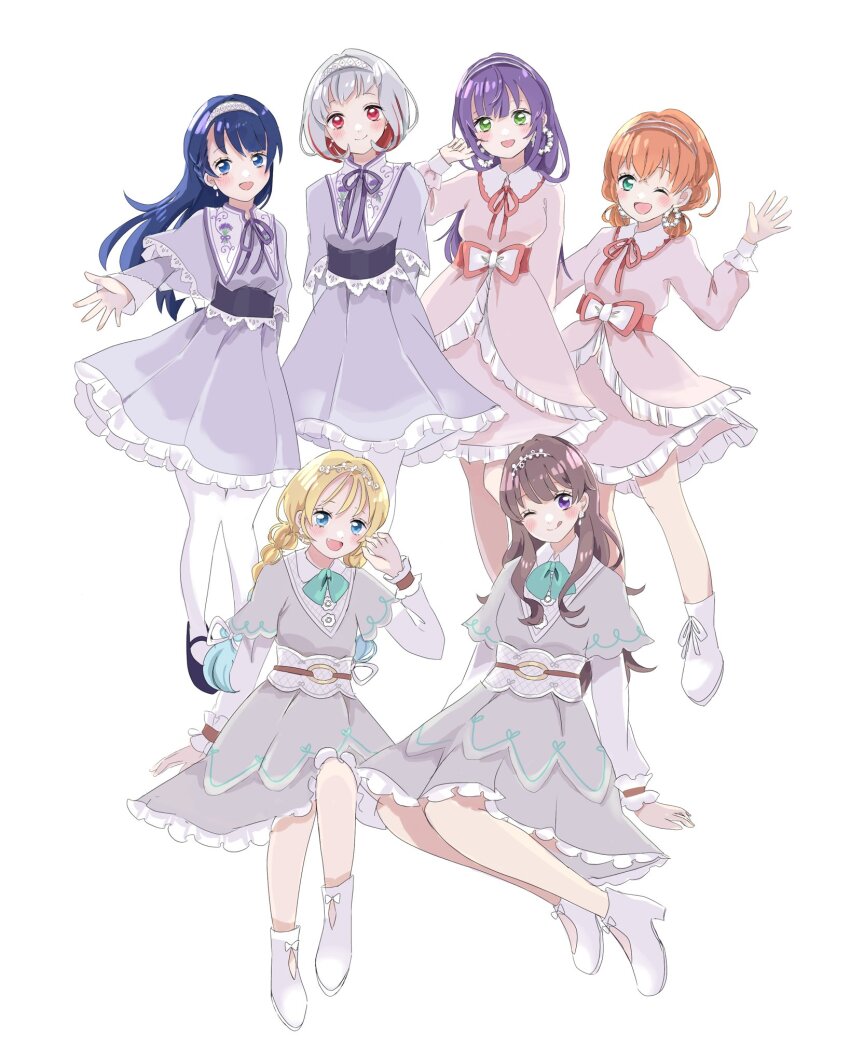 6+girls, :d, ;d, ;q, ao_to_shabon_(love_live!), aqua_bow, aqua_bowtie, aqua_eyes, arm_at_side, black_footwear, blonde_hair, blue_eyes, blue_hair, blush, bob_cut, bow, bowtie, brown_hair, closed_mouth, colored_inner_hair, commentary_request, crossed_bangs, dark_blue_hair, diagonal_bangs, double_bun, dress, fang, frilled_dress, frills, fujishima_megumi, gradient_hair, green_eyes, grey_dress, grey_hair, group_picture, hair_bun, hairband, hand_rest, highres, hinoshita_kaho, knee_up, layered_sleeves, light_blue_hair, link!_like!_love_live!, long_hair, long_sleeves, looking_at_viewer, love_live!, mary_janes, medium_dress, medium_hair, milk_(love_live!), momoi_shigeki, multi-tied_hair, multicolored_hair, multiple_girls, murano_sayaka, neck_ribbon, official_alternate_costume, official_alternate_hairstyle, one_eye_closed, open_mouth, orange_hair, orange_ribbon, osawa_rurino, otomune_kozue, outstretched_arm, pantyhose, pink_dress, purple_dress, purple_eyes, purple_hair, purple_ribbon, red_eyes, red_hair, ribbon, shoes, short_hair, short_over_long_sleeves, short_sleeves, simple_background, sitting, smile, special_thanks_(love_live!), split_mouth, standing, streaked_hair, tongue, tongue_out, virtual_youtuber, white_background, white_footwear, white_hairband, white_pantyhose, yokozuwari, yugiri_tsuzuri