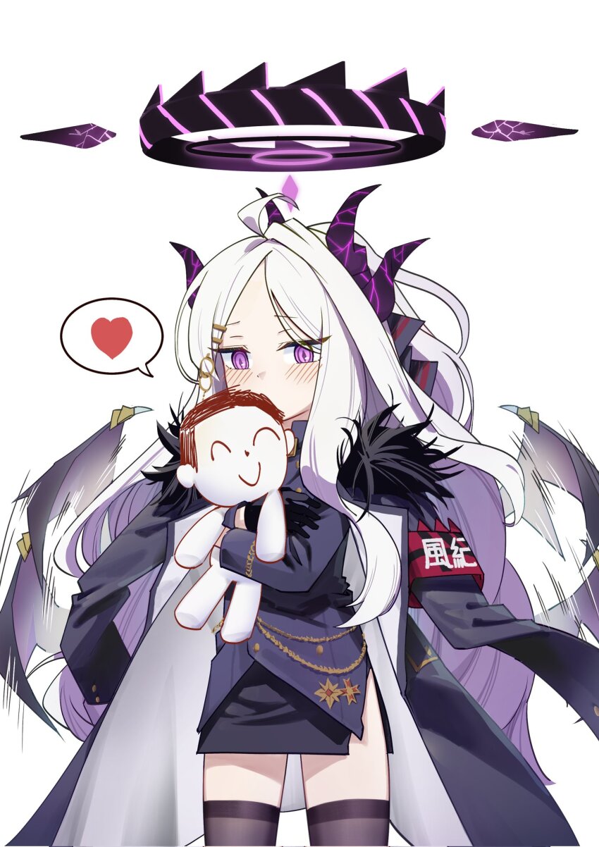 armband, black_coat, black_gloves, black_thighhighs, blue_archive, blush, character_doll, coat