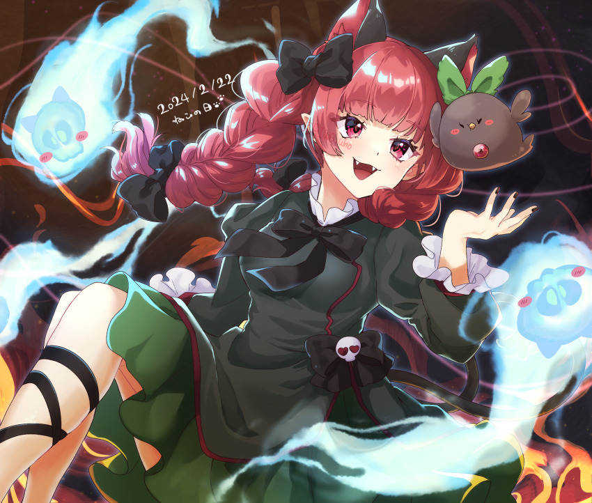 1girl, animal, animal_ears, bird, black_bow, black_bowtie, black_nails, bow