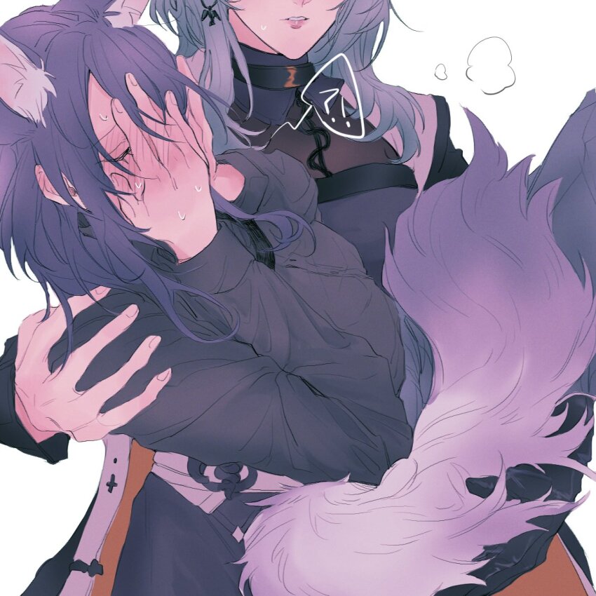 2girls, animal_ear_fluff, animal_ears, aqua_eyes, black_dress, black_hair, blush, breath, carrying, carrying_person, chief_(path_to_nowhere), chinese_commentary, commentary_request, covering_face, dog_ears, dog_girl, dog_tail, dress, female_chief_(path_to_nowhere), hand_on_another's_shoulder, hands_on_own_face, kemonomimi_mode, long_sleeves, multiple_girls, nightingale_(path_to_nowhere), parted_lips, path_to_nowhere, sardine-flavored_potatoes, simple_background, sweat, tail, white_background, yuri