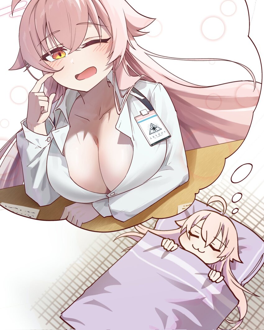 1girl, :3, ;o, aged_up, ahoge, alternate_breast_size_(larger), blue_archive, breasts