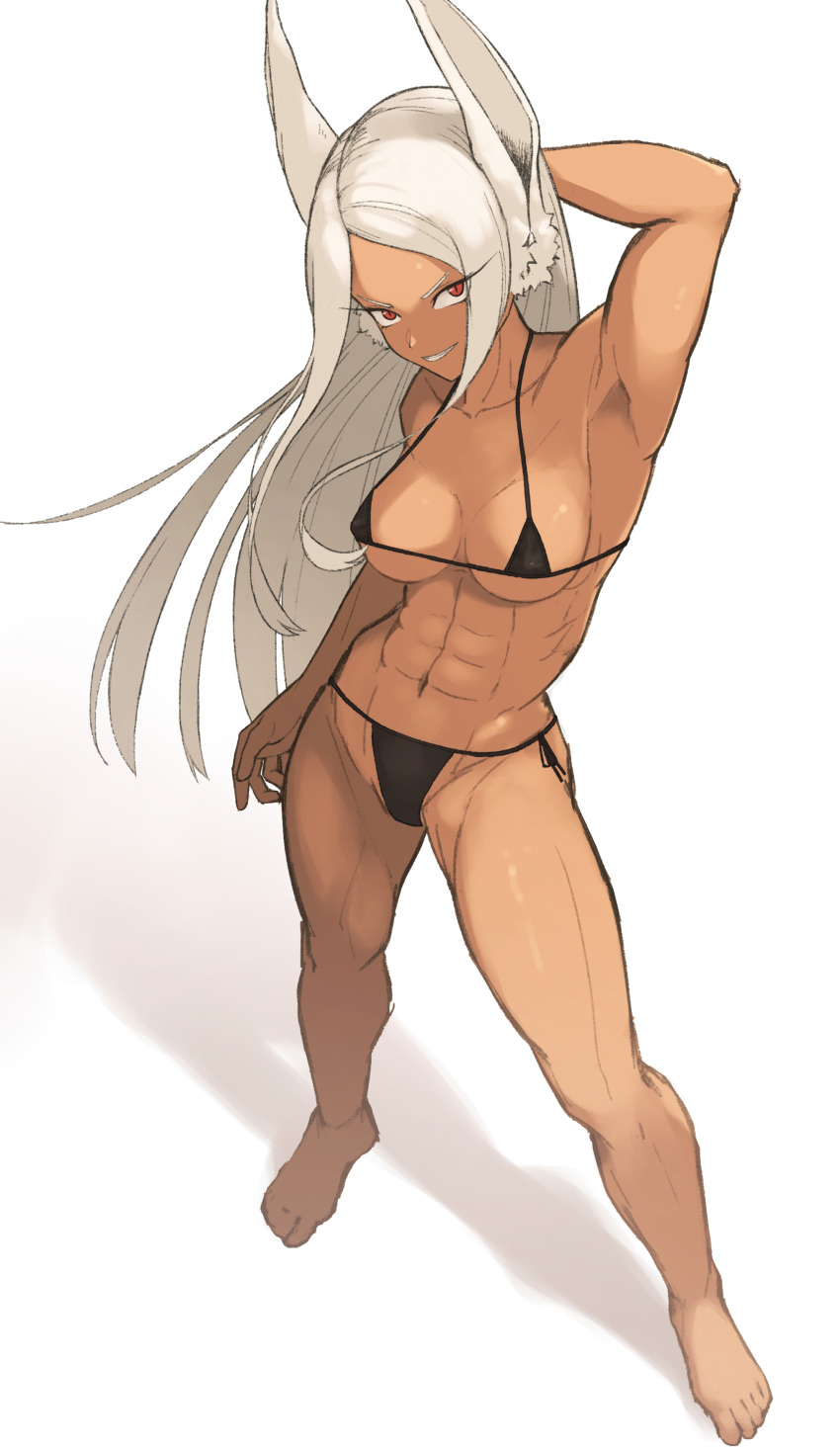 1girl, abs, absurdres, animal_ears, arm_behind_head, armpits, bikini, black_bikini