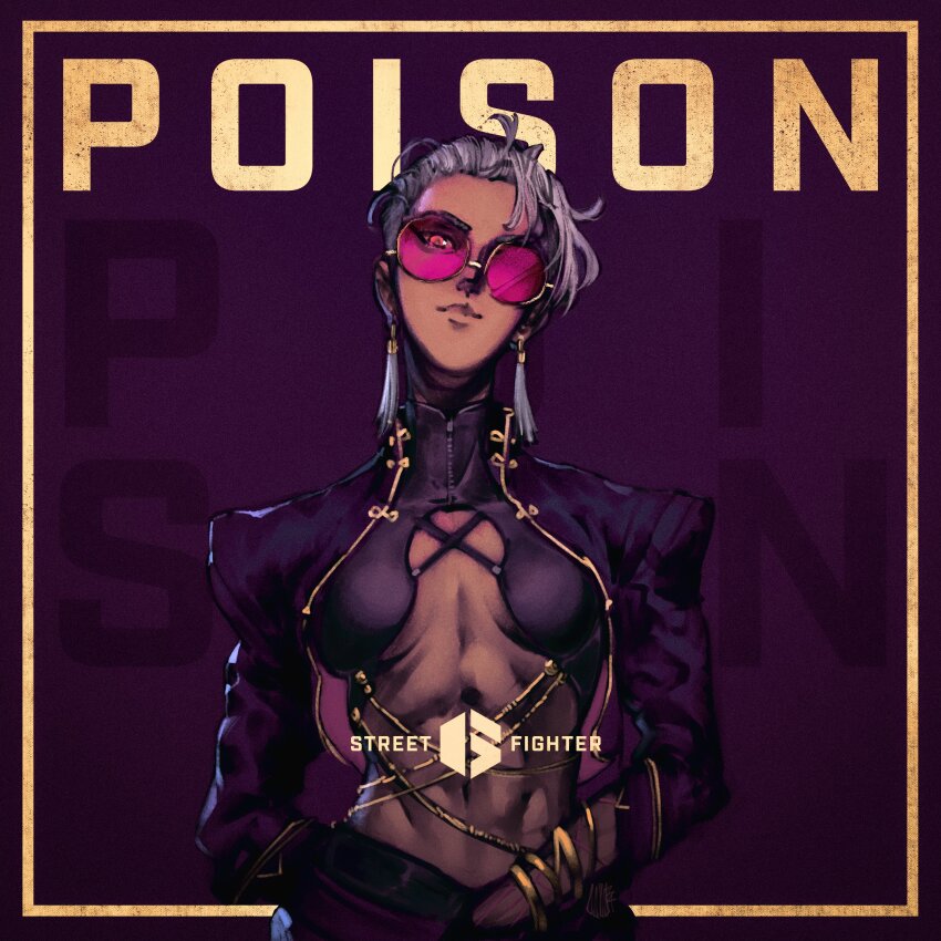 1girl, a.k.i._(street_fighter), absurdres, arm_behind_back, belly_chain, border, breasts, cleavage