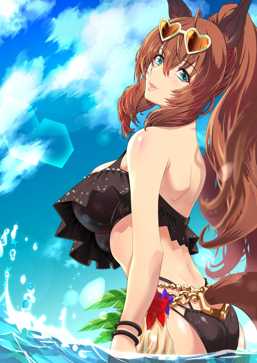 1girl, absurdres, animal_ears, ass, bikini, black_bikini, blush, bracelet