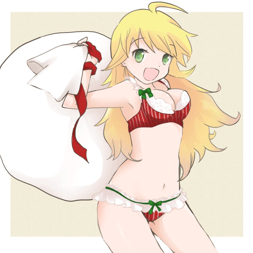 1girl, bad_id, bad_pixiv_id, bikini, blonde_hair, christmas, female_focus, frills, green_eyes, hoshii_miki, idolmaster, idolmaster_(classic), lingerie, long_hair, red_bikini, ribbon, sack, santa_bikini, santa_costume, solo, swimsuit, underwear, yayakoshiya