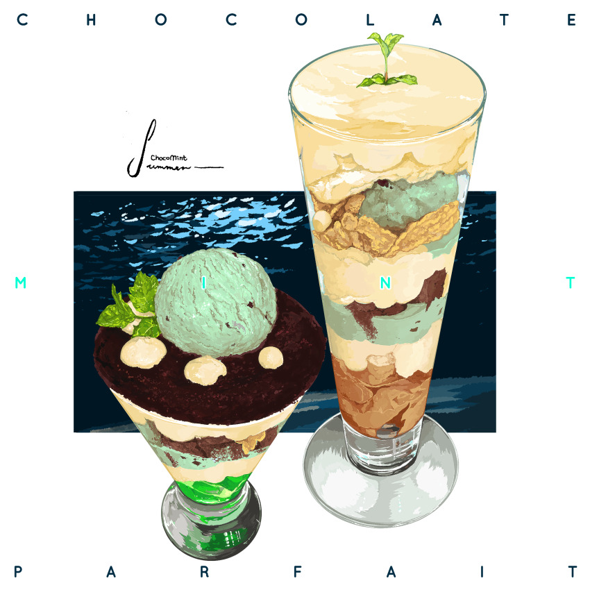 artist_name, cup, drinking_glass, food, food_focus, food_name, highres, ice_cream, kohaku392, mint, mint_chocolate, no_humans, original, parfait, signature