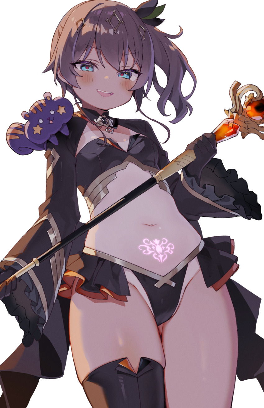 1girl, alternate_costume, animal, animal_on_shoulder, aqua_eyes, ayaoshiro, black_gloves, black_panties, black_shrug, black_thighhighs, black_tube_top, breasts, brown_hair, commentary_request, cowboy_shot, crop_top, frilled_sleeves, frills, from_below, gloves, glowing, glowing_tattoo, gold_trim, hair_ornament, highres, holding, holding_staff, hololive, looking_at_viewer, mahou_shoujo_holowitch!, matsurisu, natsuiro_matsuri, one-piece_tan, open_mouth, paid_reward_available, panties, pubic_tattoo, shrug_(clothing), side_ponytail, simple_background, single_thighhigh, small_breasts, smile, solo, staff, strapless, tan, tanline, tattoo, teeth, thighhighs, thighs, tube_top, underwear, upper_teeth_only, v-shaped_eyebrows, virtual_youtuber, white_background