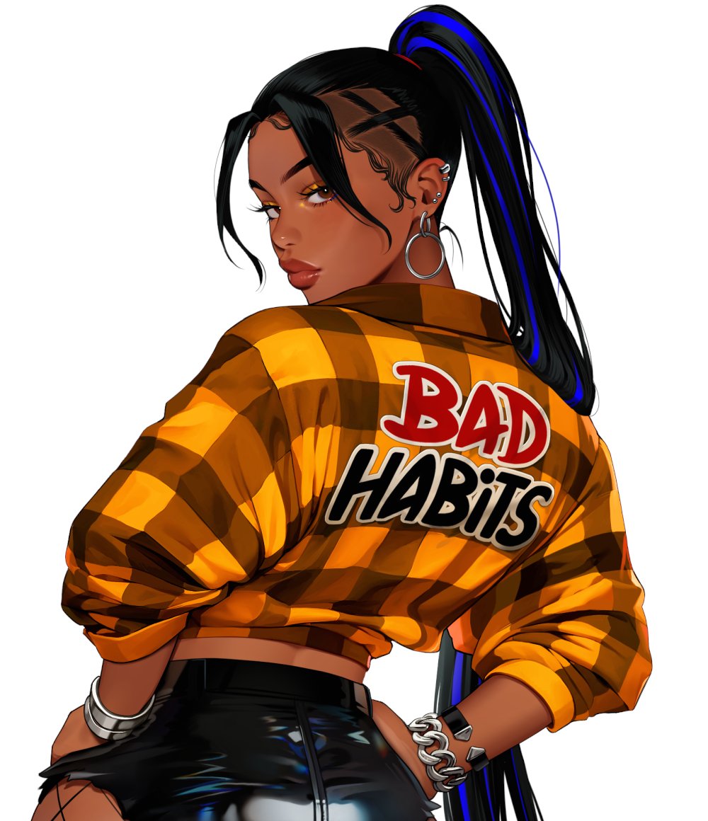 1girl, back_peek, black_hair, black_pants, blue_hair, bracelet, brown_eyes, chain