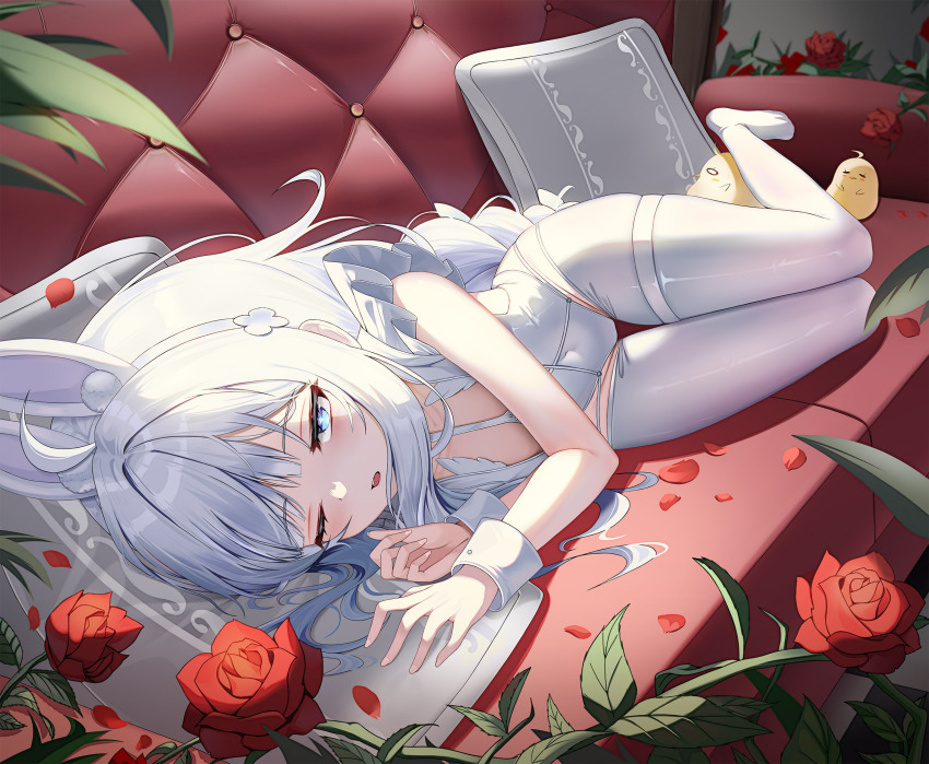 +_+, 1girl, animal_ears, azur_lane, braid, chanpower233, couch, crotchless, crotchless_pantyhose, fake_animal_ears, hair_spread_out, highres, le_malin_(azur_lane), le_malin_(listless_lapin)_(azur_lane), leotard, low_twin_braids, lying, manjuu_(azur_lane), no_shoes, official_alternate_costume, on_couch, on_side, one_eye_closed, pantyhose, pillow, playboy_bunny, rabbit_ears, solo, thigh_strap, twin_braids, white_hair, white_leotard, white_pantyhose, wrist_cuffs