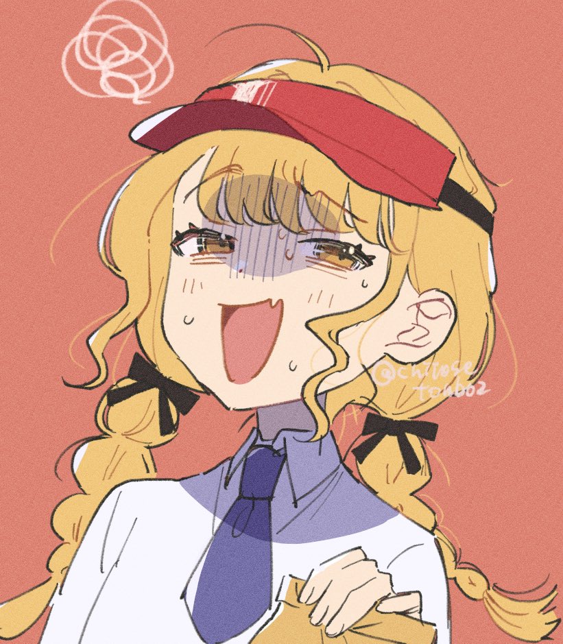 1girl, blonde_hair, braid, chitosetonbo, collared_shirt, fang, forced_smile, fujita_kotone