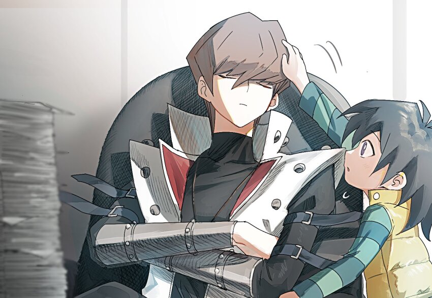 2boys, black_hair, black_shirt, blue_shirt, brothers, brown_hair, chair, closed_eyes