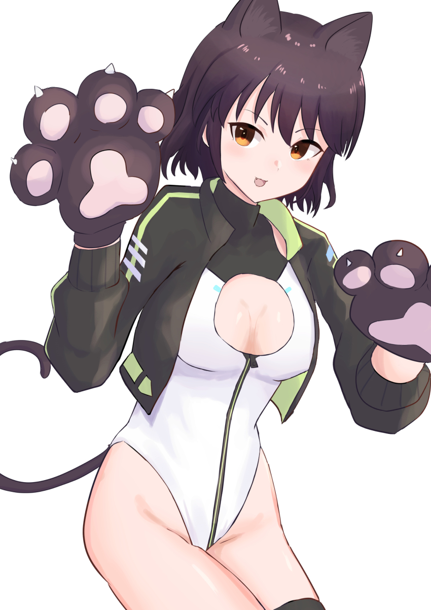 1girl, alice_gear_aegis, animal_ears, animal_hands, black_hair, black_jacket, black_thighhighs, cat_ears