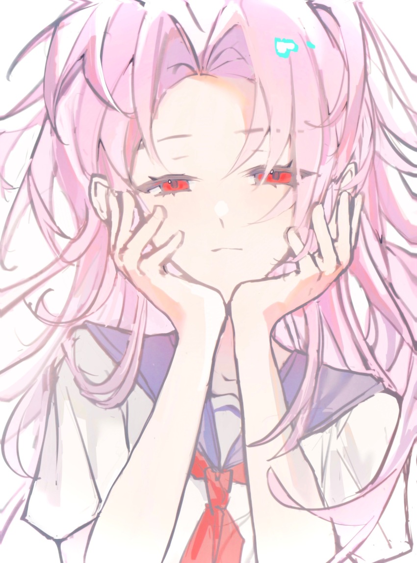 1boy, absurdres, blue_sailor_collar, closed_mouth, commentary, hands_on_own_cheeks, hands_on_own_face, hatsutori_hajime, highres, liningne, long_hair, looking_at_viewer, male_focus, neckerchief, parted_bangs, pink_hair, red_eyes, red_neckerchief, saibou_shinkyoku, sailor_collar, sailor_shirt, shirt, short_sleeves, simple_background, solo, untranslatable_commentary, trap, white_background, white_shirt