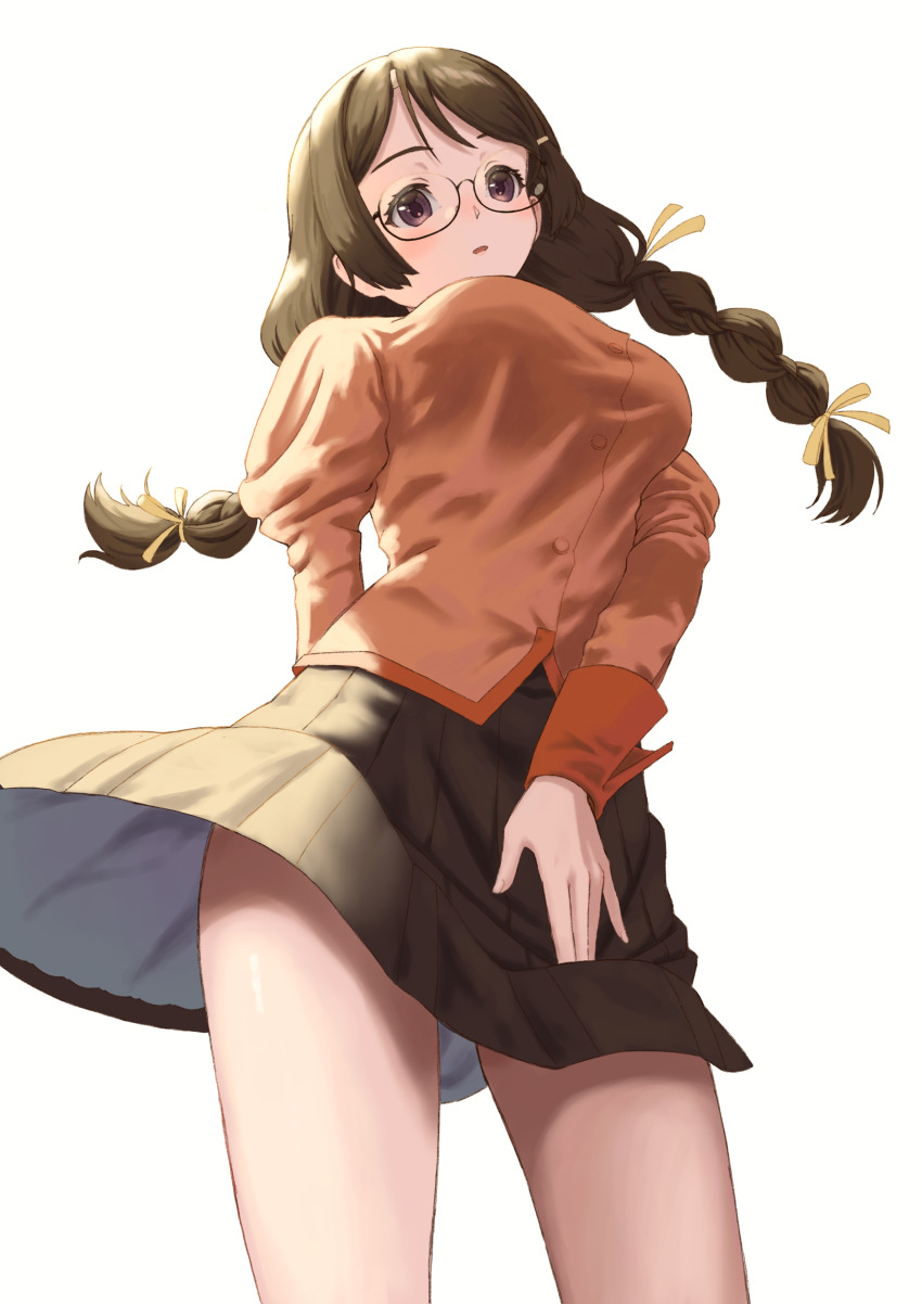 1girl, absurdres, braid, breasts, brown_eyes, brown_hair, brown_skirt, from_below