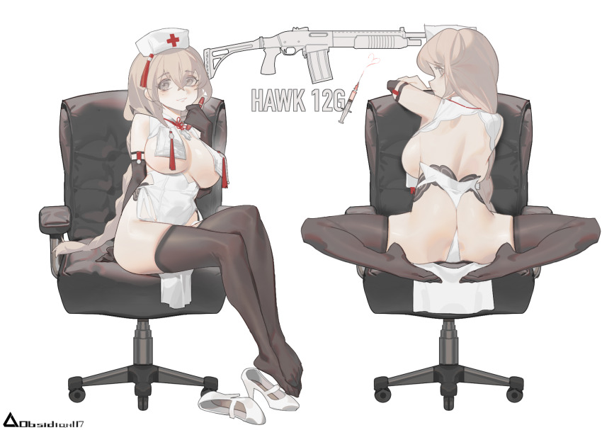 1girl, alternate_costume, artist_name, asymmetrical_footwear, black_thighhighs, breasts, chair, from_behind, girls'_frontline, gun, hat, highres, large_breasts, multiple_views, nurse, nurse_cap, obsidian117, on_chair, shotgun, sitting, thighhighs, type_97_shotgun_(girls'_frontline), uneven_footwear, weapon