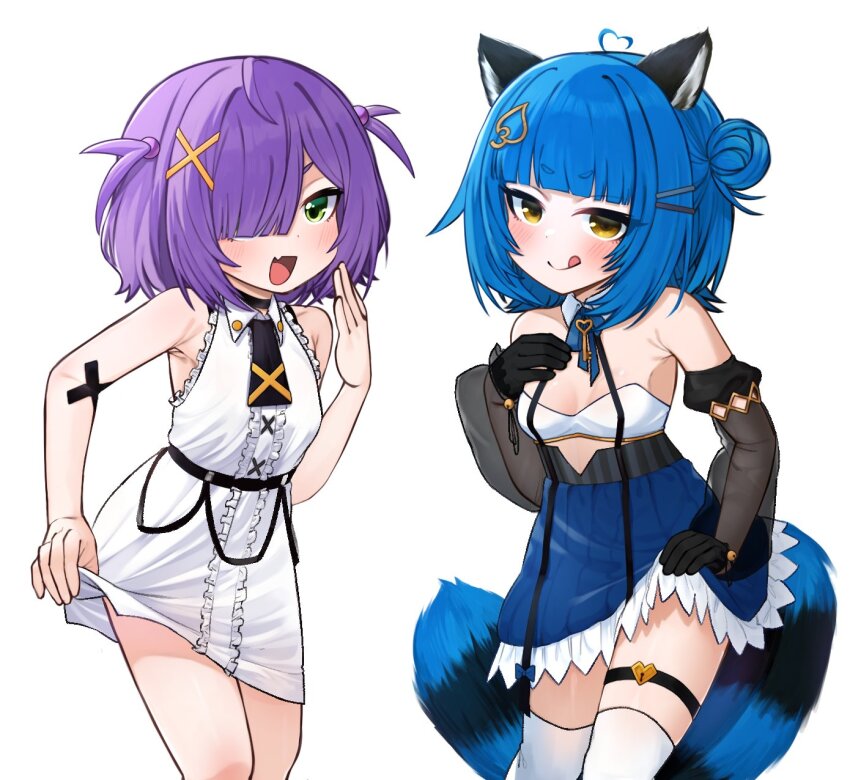 2girls, ahoge, animal_ears, armpit_crease, armpits, bare_shoulders, black_gloves, black_tail, blue_hair, blue_tail, blush, breasts, center_frills, chromashift, clothes_lift, creator_connection, dress, dress_lift, eien_project, fang, frilled_dress, frills, gloves, green_eyes, hair_bobbles, hair_bun, hair_ornament, hair_over_one_eye, heart, heart_ahoge, highres, leaf_hair_ornament, licking_lips, loli, looking_at_viewer, multiple_girls, open_mouth, poko_rakun, poko_rakun_(1st_costume), purple_hair, raccoon_ears, raccoon_girl, raccoon_tail, ryoshi, short_dress, short_hair, simple_background, skin_fang, sleeveless, sleeveless_dress, small_breasts, tail, tongue, tongue_out, two-tone_tail, virtual_youtuber, white_background, white_dress, x_hair_ornament, yellow_eyes, zumi_dokumi
